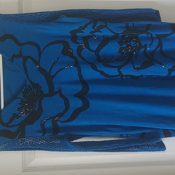 Stunning Blue Sweater w/Black Floral & Beaded Tunic Women's Sz Sm Or Slim Med - Picture 3 of 8